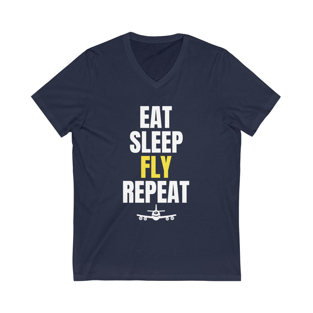 Eat Sleep Fly Repeat Funny Aviation V-Neck T-Shirt